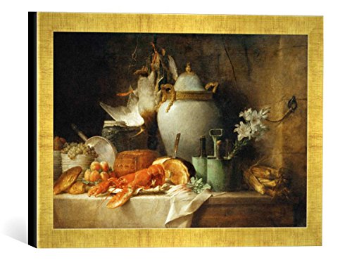 Gerahmtes Bild von Anne Vallayer-Coster Vase, homard, Fruits et gibier, Kunstdruck im hochwertigen handgefertigten Bilder-Rahmen, 40x30 cm, Gold Raya von kunst für alle