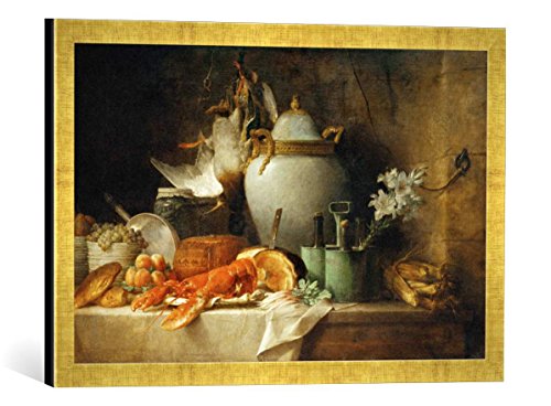 Gerahmtes Bild von Anne Vallayer-Coster Vase, homard, Fruits et gibier, Kunstdruck im hochwertigen handgefertigten Bilder-Rahmen, 60x40 cm, Gold Raya von kunst für alle