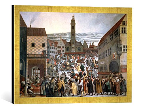 Gerahmtes Bild von Augsburg Der Augsburger Perlachplatz im Winter, Kunstdruck im hochwertigen handgefertigten Bilder-Rahmen, 60x40 cm, Gold Raya von kunst für alle
