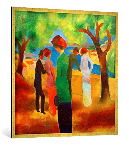 Gerahmtes Bild von August Macke Dame in grüner Jacke, Kunstdruck im hochwertigen handgefertigten Bilder-Rahmen, 100x100 cm, Gold Raya von kunst für alle