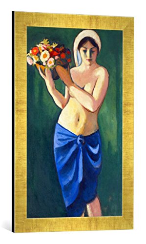 Gerahmtes Bild von August Macke Frau, eine Blumenschale tragend, Kunstdruck im hochwertigen handgefertigten Bilder-Rahmen, 40x60 cm, Gold Raya von kunst für alle