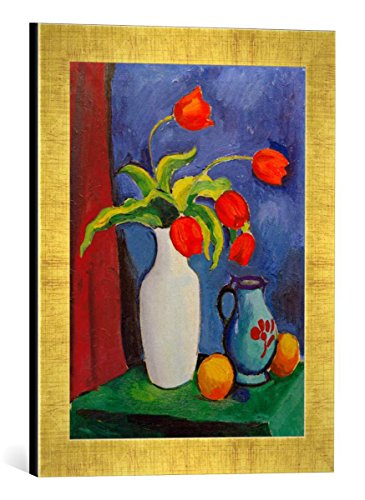 Gerahmtes Bild von August Macke Rote Tulpen in weißer Vase, Kunstdruck im hochwertigen handgefertigten Bilder-Rahmen, 30x40 cm, Gold Raya von kunst für alle