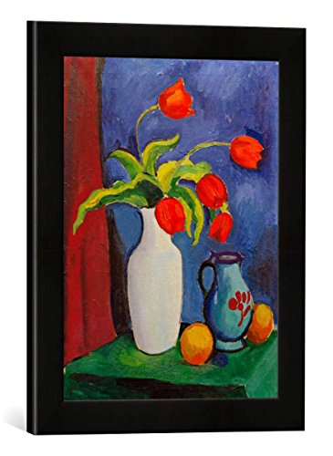 Gerahmtes Bild von August Macke Rote Tulpen in weißer Vase, Kunstdruck im hochwertigen handgefertigten Bilder-Rahmen, 30x40 cm, Schwarz matt von kunst für alle