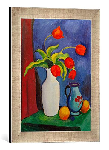 Gerahmtes Bild von August Macke Rote Tulpen in weißer Vase, Kunstdruck im hochwertigen handgefertigten Bilder-Rahmen, 30x40 cm, Silber Raya von kunst für alle