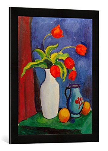 Gerahmtes Bild von August Macke Rote Tulpen in weißer Vase, Kunstdruck im hochwertigen handgefertigten Bilder-Rahmen, 40x60 cm, Schwarz matt von kunst für alle