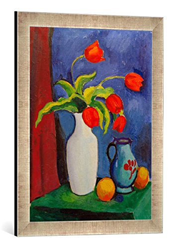 Gerahmtes Bild von August Macke Rote Tulpen in weißer Vase, Kunstdruck im hochwertigen handgefertigten Bilder-Rahmen, 40x60 cm, Silber Raya von kunst für alle