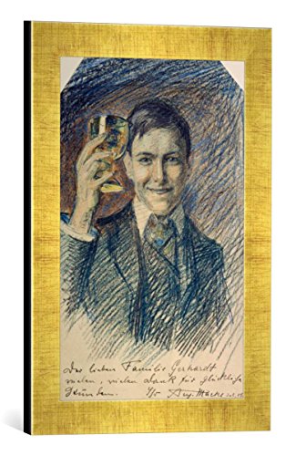 Gerahmtes Bild von August Macke Selbstbildnis mit Weinglas, Kunstdruck im hochwertigen handgefertigten Bilder-Rahmen, 30x40 cm, Gold Raya von kunst für alle