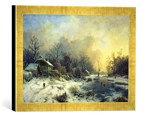 Gerahmtes Bild von August Piepenhagen Winterlandschaft mit gefrorenem Teich, Kunstdruck im hochwertigen handgefertigten Bilder-Rahmen, 40x30 cm, Gold Raya von kunst für alle