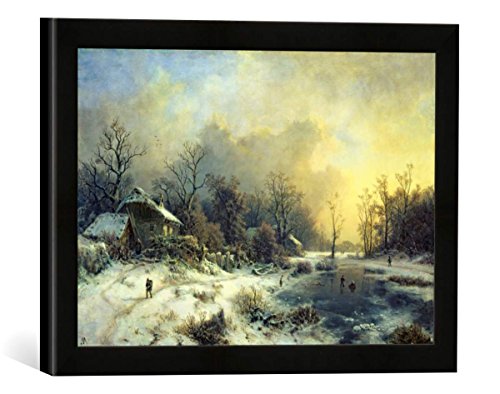 Gerahmtes Bild von August Piepenhagen Winterlandschaft mit gefrorenem Teich, Kunstdruck im hochwertigen handgefertigten Bilder-Rahmen, 40x30 cm, Schwarz matt von kunst für alle