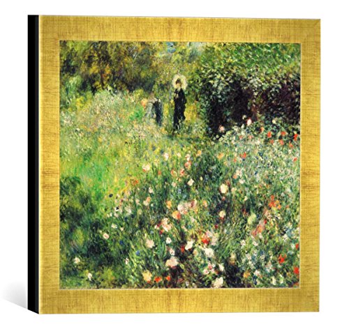 Gerahmtes Bild von Auguste Renoir Frau mit Sonnenschirm in einem Garten, Kunstdruck im hochwertigen handgefertigten Bilder-Rahmen, 30x30 cm, Gold Raya von kunst für alle