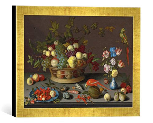 Gerahmtes Bild von Balthasar van der Ast "Trauben und andere Früchte in einem Korb, Kirschen und ein Pfirsich auf einem Delfter Teller, Tulpen, Schwertlilien und andere B", Kunstdruck im hochwertigen handgefertigten Bilder-Rahmen, 40x30 cm, Gold Raya von kunst für alle