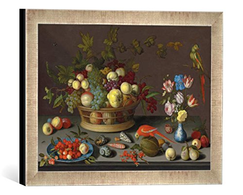 Gerahmtes Bild von Balthasar van der Ast "Trauben und andere Früchte in einem Korb, Kirschen und ein Pfirsich auf einem Delfter Teller, Tulpen, Schwertlilien und andere B", Kunstdruck im hochwertigen handgefertigten Bilder-Rahmen, 40x30 cm, Silber Raya von kunst für alle