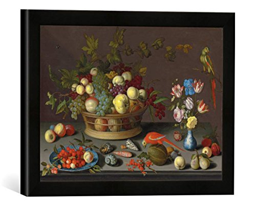 Gerahmtes Bild von Balthasar van der Ast "Trauben und andere Früchte in einem Korb, Kirschen und ein Pfirsich auf einem Delfter Teller, Tulpen, Schwertlilien und andere B", Kunstdruck im hochwertigen handgefertigten Bilder-Rahmen, 40x30 cm, Schwarz matt von kunst für alle