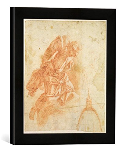 Gerahmtes Bild von Bernardino Barbatelli Poccetti Suspended Angel and Architectural Sketch, c.1600, Kunstdruck im hochwertigen handgefertigten Bilder-Rahmen, 30x30 cm, Schwarz matt von kunst für alle