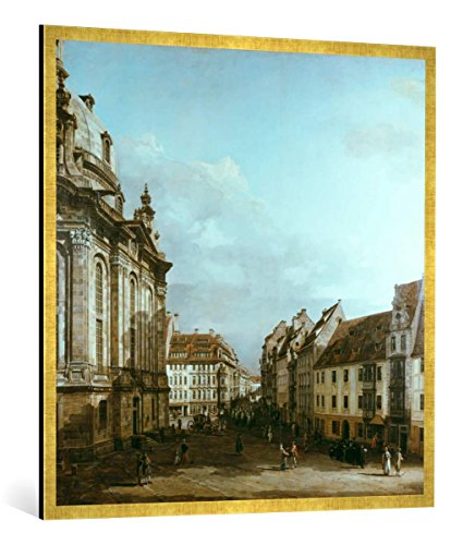 Gerahmtes Bild von Bernardo Bellotto Die Frauenkirche in Dresden, Kunstdruck im hochwertigen handgefertigten Bilder-Rahmen, 100x100 cm, Gold Raya von kunst für alle