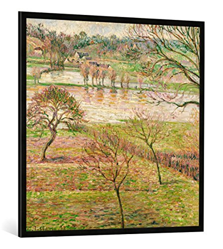 Gerahmtes Bild von Camille Pissarro Überschwemmung in Eragny, Kunstdruck im hochwertigen handgefertigten Bilder-Rahmen, 100x100 cm, Schwarz matt von kunst für alle