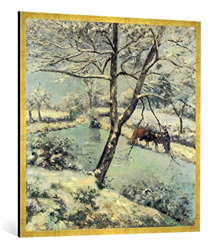 Gerahmtes Bild von Camille Pissarro Winterlandschaft bei Mont-Foucault, Kunstdruck im hochwertigen handgefertigten Bilder-Rahmen, 100x100 cm, Gold Raya von kunst für alle