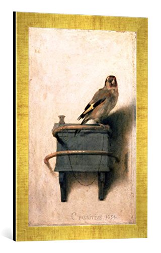 Gerahmtes Bild von Carel Fabritius The Goldfinch, 1654", Kunstdruck im hochwertigen handgefertigten Bilder-Rahmen, 40x60 cm, Gold Raya von kunst für alle