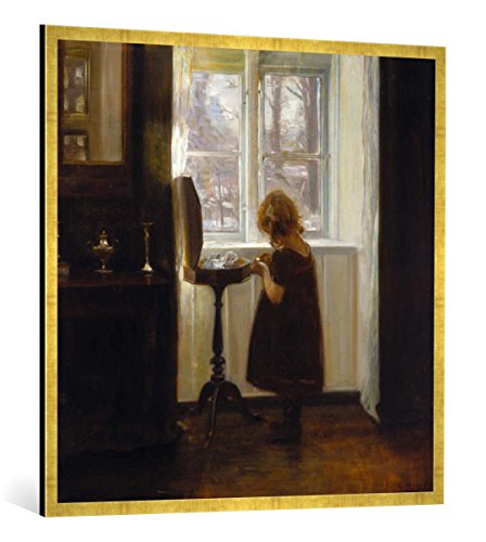 Gerahmtes Bild von Carl Holsoe Kleines Mädchen am Nähtischchen, Kunstdruck im hochwertigen handgefertigten Bilder-Rahmen, 100x100 cm, Gold Raya von kunst für alle