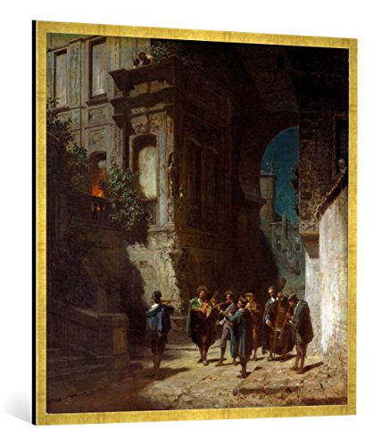 Gerahmtes Bild von Carl Spitzweg Die Serenade, Kunstdruck im hochwertigen handgefertigten Bilder-Rahmen, 100x100 cm, Gold Raya von kunst für alle