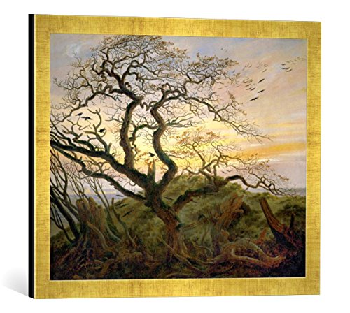 Gerahmtes Bild von Caspar David Friedrich Baum mit Raben, Kunstdruck im hochwertigen handgefertigten Bilder-Rahmen, 60x40 cm, Gold Raya von kunst für alle