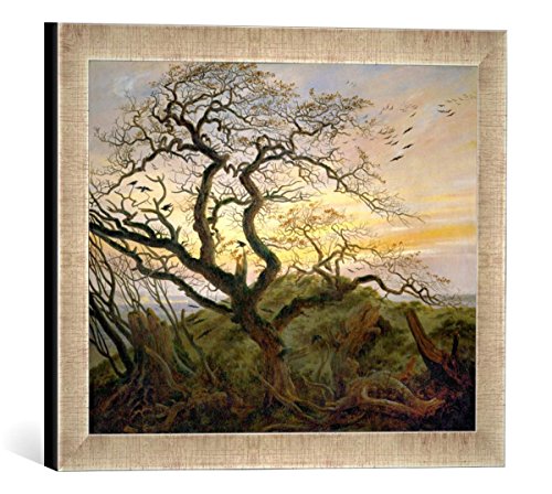 Gerahmtes Bild von Caspar David Friedrich Baum mit Raben, Kunstdruck im hochwertigen handgefertigten Bilder-Rahmen, 40x30 cm, Silber Raya von kunst für alle