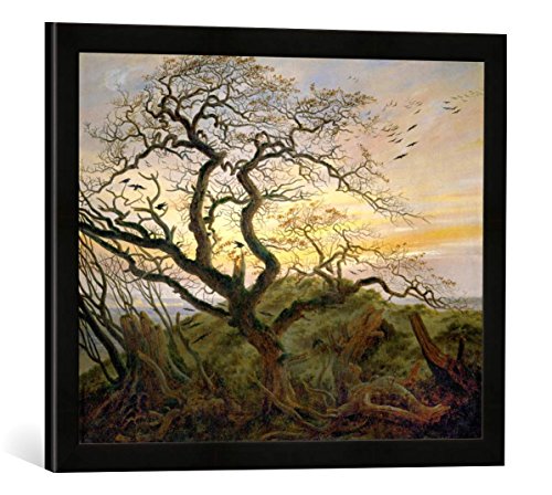 Gerahmtes Bild von Caspar David Friedrich Baum mit Raben, Kunstdruck im hochwertigen handgefertigten Bilder-Rahmen, 60x40 cm, Schwarz matt von kunst für alle