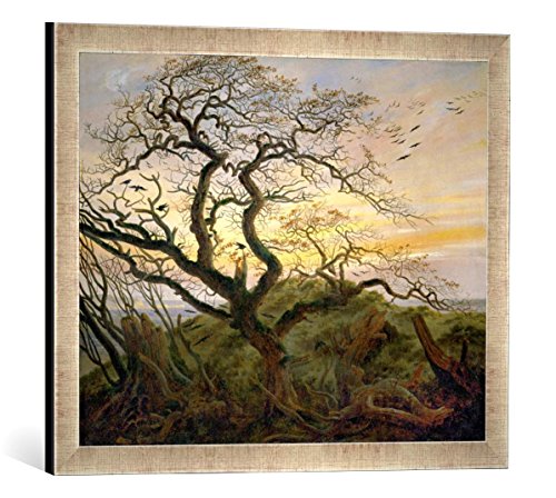 Gerahmtes Bild von Caspar David Friedrich Baum mit Raben, Kunstdruck im hochwertigen handgefertigten Bilder-Rahmen, 60x40 cm, Silber Raya von kunst für alle