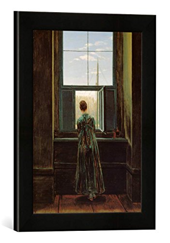 Gerahmtes Bild von Caspar David Friedrich Frau am Fenster, Kunstdruck im hochwertigen handgefertigten Bilder-Rahmen, 30x40 cm, Schwarz matt von kunst für alle