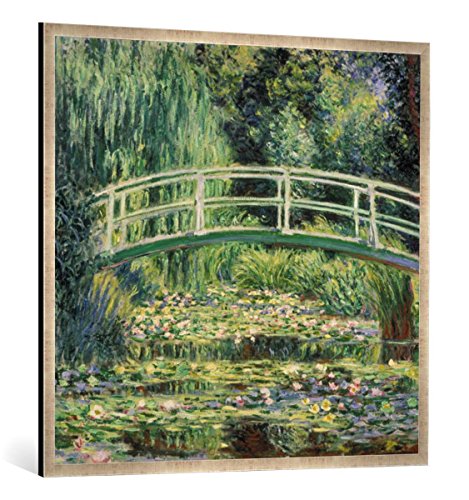 Gerahmtes Bild von Claude Monet Brücke in Monets Garten mit weißen Seerosen, Kunstdruck im hochwertigen handgefertigten Bilder-Rahmen, 100x100 cm, Silber Raya von kunst für alle