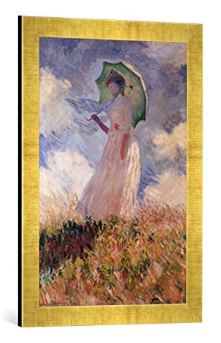 Gerahmtes Bild von Claude Monet Frau mit Sonnenschirm, nach Links gewendet, Suzanne Hoschedé, Kunstdruck im hochwertigen handgefertigten Bilder-Rahmen, 40x60 cm, Gold Raya von kunst für alle