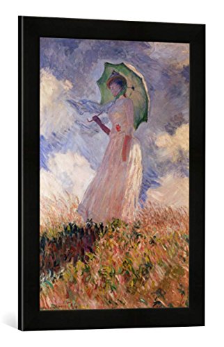 Gerahmtes Bild von Claude Monet Frau mit Sonnenschirm, nach Links gewendet, Suzanne Hoschedé, Kunstdruck im hochwertigen handgefertigten Bilder-Rahmen, 40x60 cm, Schwarz matt von kunst für alle