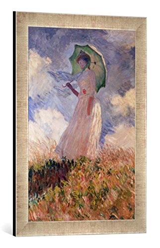 Gerahmtes Bild von Claude Monet Frau mit Sonnenschirm, nach Links gewendet, Suzanne Hoschedé, Kunstdruck im hochwertigen handgefertigten Bilder-Rahmen, 40x60 cm, Silber Raya von kunst für alle