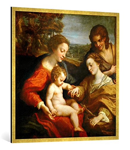 Gerahmtes Bild von Correggio Mystische Vermählung der Heiligen Katharina, Kunstdruck im hochwertigen handgefertigten Bilder-Rahmen, 100x100 cm, Gold Raya von kunst für alle