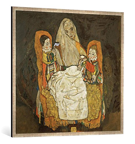 Gerahmtes Bild von Egon Schiele Mutter und Zwei Kinder III, Kunstdruck im hochwertigen handgefertigten Bilder-Rahmen, 100x100 cm, Silber Raya von kunst für alle