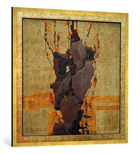 Gerahmtes Bild von Egon Schiele Stilisierte Blumen vor dekorativem Hintergrund, Kunstdruck im hochwertigen handgefertigten Bilder-Rahmen, 100x100 cm, Gold Raya von kunst für alle