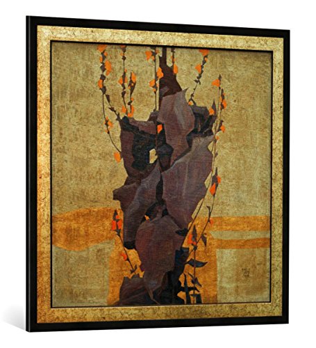 Gerahmtes Bild von Egon Schiele Stilisierte Blumen vor dekorativem Hintergrund, Kunstdruck im hochwertigen handgefertigten Bilder-Rahmen, 100x100 cm, Schwarz matt von kunst für alle