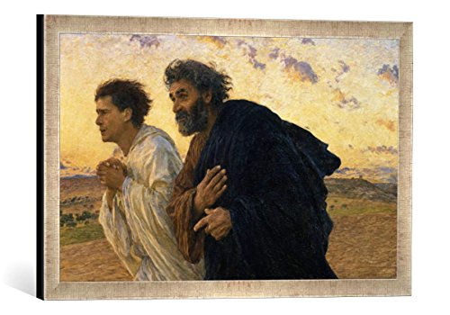 Gerahmtes Bild von Eugene Burnand "The Disciples Peter and John Running to the Sepulchre on the Morning of the Resurrection, c.1898", Kunstdruck im hochwertigen handgefertigten Bilder-Rahmen, 60x40 cm, Silber raya von kunst für alle