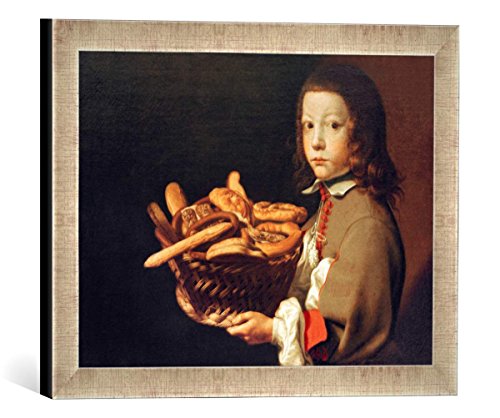 Gerahmtes Bild von Evaristo Baschenis Junge mit Korb voll Brot und Süßigkeiten, Kunstdruck im hochwertigen handgefertigten Bilder-Rahmen, 40x30 cm, Silber Raya von kunst für alle