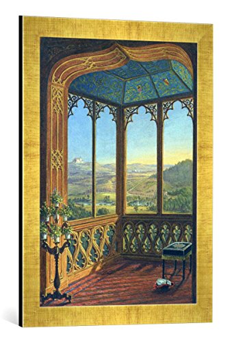 Gerahmtes Bild von Ferdinand Zschäck Schloß Callenberg: Blick aus dem Fenster des Bogensaals, Kunstdruck im hochwertigen handgefertigten Bilder-Rahmen, 40x60 cm, Gold Raya von kunst für alle