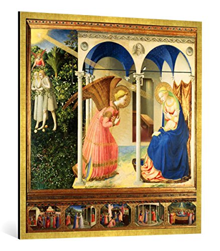 Gerahmtes Bild von Fra Angelico Die Verkündigung an Maria, Kunstdruck im hochwertigen handgefertigten Bilder-Rahmen, 100x100 cm, Gold Raya von kunst für alle