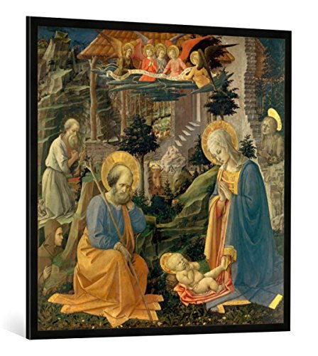 Gerahmtes Bild von Fra Filippo Lippi "Die Anbetung des Kindes mit den hll. Joseph, Hieronymus, Magdalena und Hilarion", Kunstdruck im hochwertigen handgefertigten Bilder-Rahmen, 100x100 cm, Schwarz matt von kunst für alle