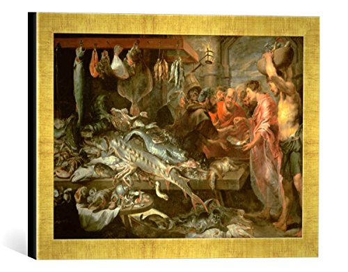 Gerahmtes Bild von Frans Snyders or Snijders EIN Fischmarkt, Kunstdruck im hochwertigen handgefertigten Bilder-Rahmen, 40x30 cm, Gold Raya von kunst für alle