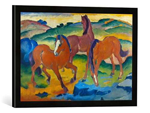 Gerahmtes Bild von Franz Marc Die roten Pferde - Weidende Pferde IV, Kunstdruck im hochwertigen handgefertigten Bilder-Rahmen, 60x40 cm, Schwarz matt von kunst für alle