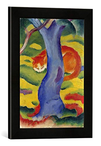 Gerahmtes Bild von Franz Marc Katze hinter einem Baum, Kunstdruck im hochwertigen handgefertigten Bilder-Rahmen, 30x40 cm, Schwarz matt von kunst für alle