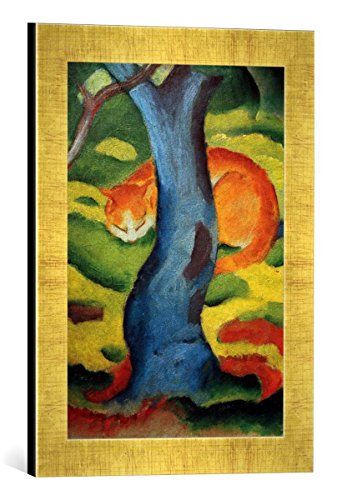 Gerahmtes Bild von Franz Marc Katze unterm Baum, Kunstdruck im hochwertigen handgefertigten Bilder-Rahmen, 30x40 cm, Gold Raya von kunst für alle