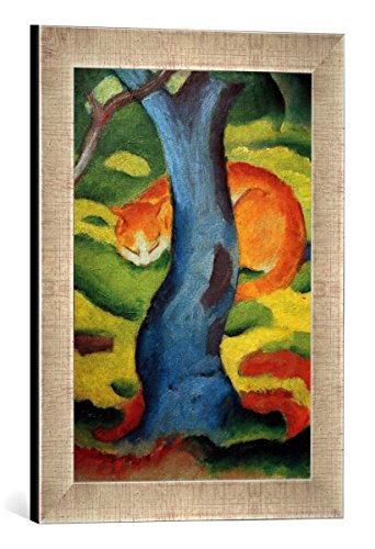 Gerahmtes Bild von Franz Marc Katze unterm Baum, Kunstdruck im hochwertigen handgefertigten Bilder-Rahmen, 30x40 cm, Silber Raya von kunst für alle