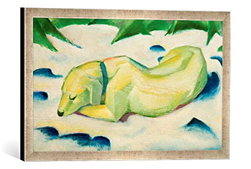 Gerahmtes Bild von Franz Marc Liegender Hund im Schnee, Kunstdruck im hochwertigen handgefertigten Bilder-Rahmen, 60x40 cm, Silber Raya von kunst für alle