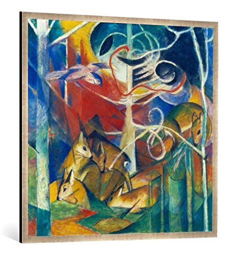Gerahmtes Bild von Franz Marc Rehe im Walde I, Kunstdruck im hochwertigen handgefertigten Bilder-Rahmen, 100x100 cm, Silber Raya von kunst für alle