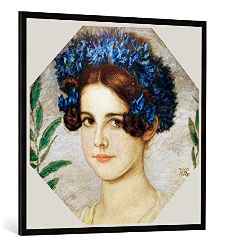 Gerahmtes Bild von Franz Von Stuck Tochter des Künstlers mit Kornblumen im Haar, Kunstdruck im hochwertigen handgefertigten Bilder-Rahmen, 100x100 cm, Schwarz matt von kunst für alle